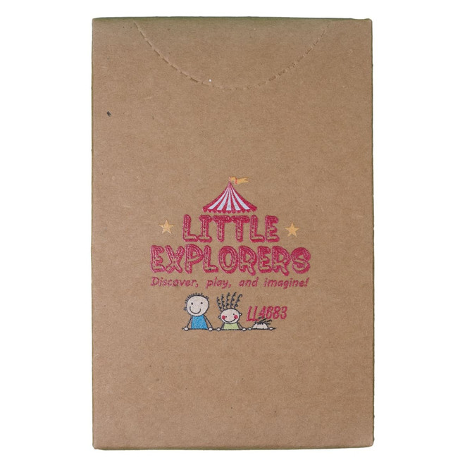 A brown cardboard box featuring a colorful design with a character and a small tent, labeled "Little Explorers."