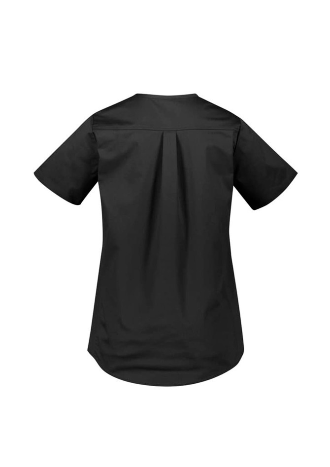 A women's black tunic scrub top with short sleeves and a pleated back design. It features a logo on the fabric.
