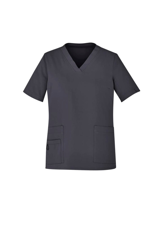A women's V-neck scrub top in dark grey with short sleeves and two pockets. It features a logo on the side.