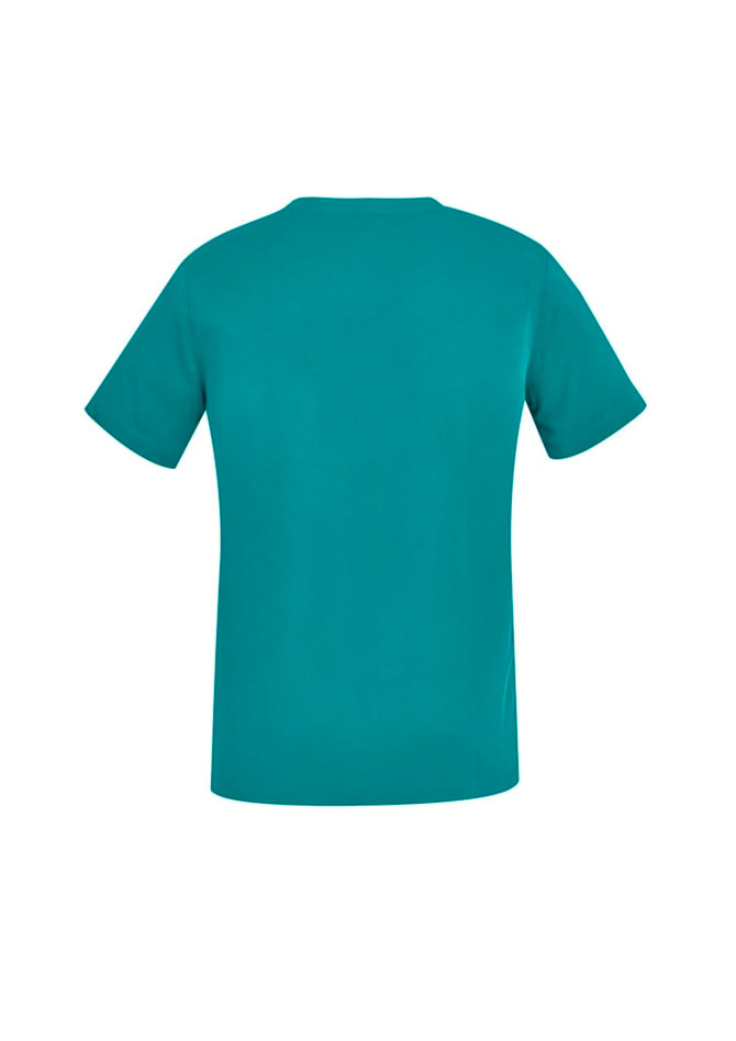 A teal women's V-neck scrub top featuring short sleeves and a simple design, with a logo on the back.