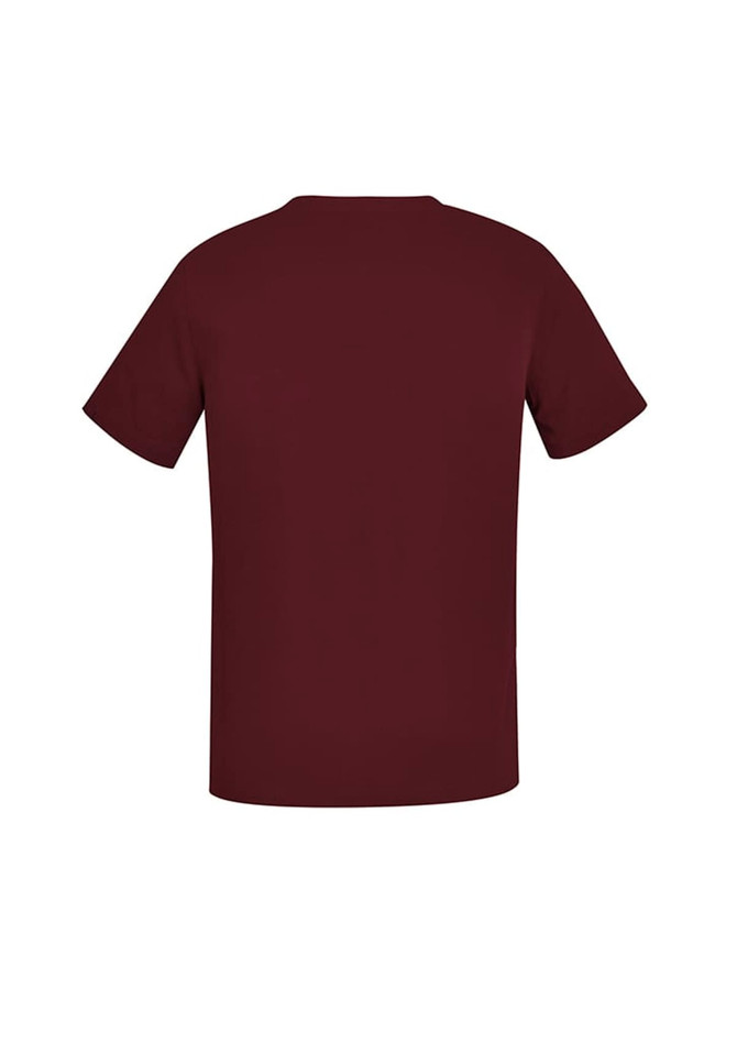 A burgundy men's V-neck scrub top with short sleeves, featuring a simple design and logo.