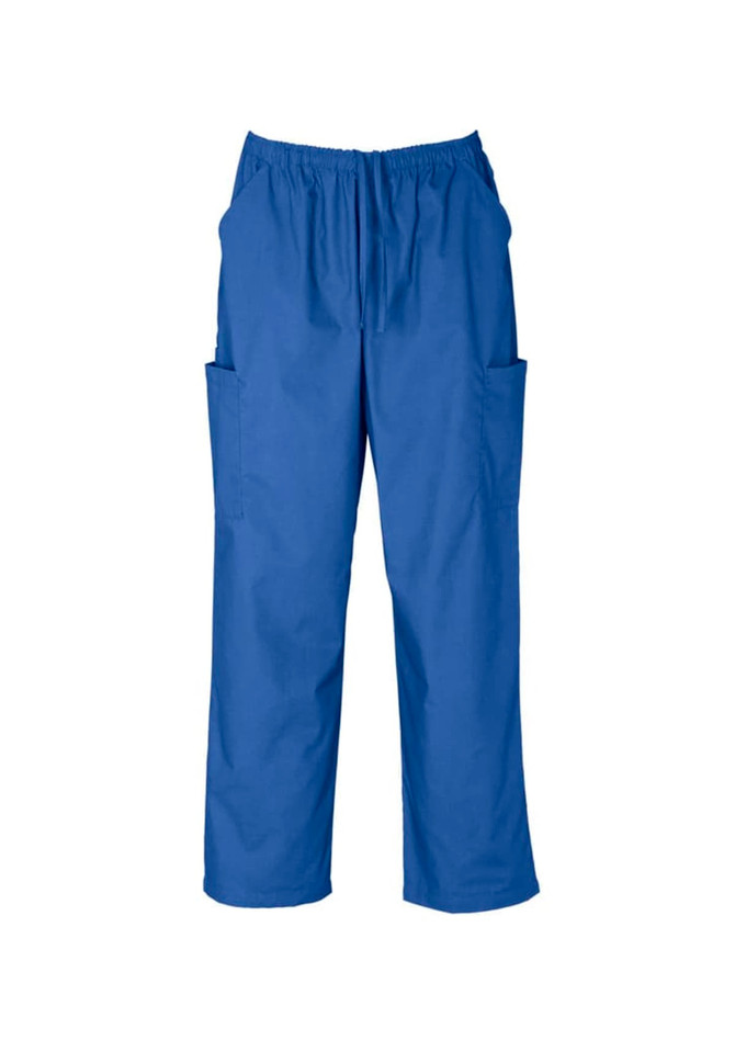 Classic unisex scrub cargo pants in a vibrant blue colour, featuring an elastic waistband and multiple side pockets.
