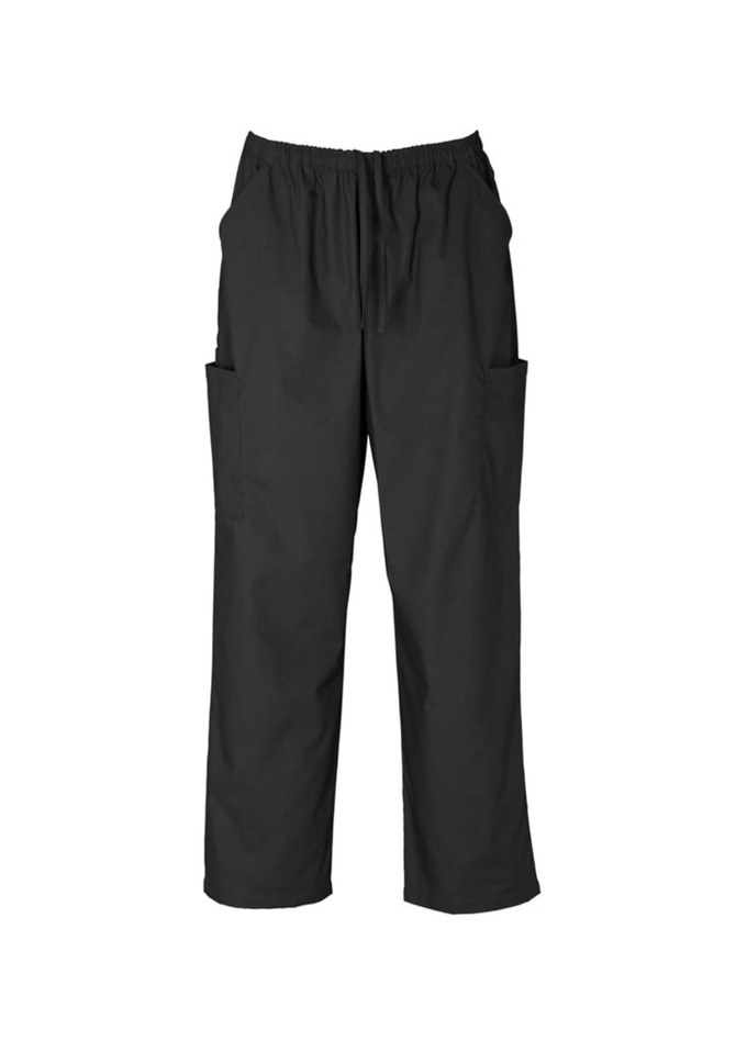 A pair of black unisex scrub cargo pants with an elastic waistband and side pockets.