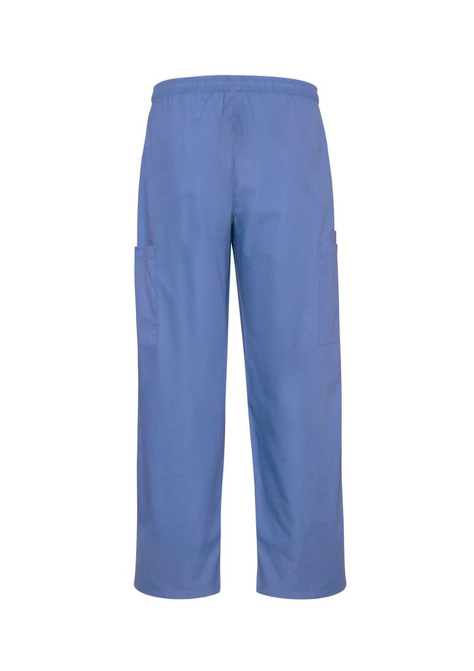 Blue unisex scrub cargo pants featuring a relaxed fit and multiple side pockets. Includes an elastic waistband and a logo.