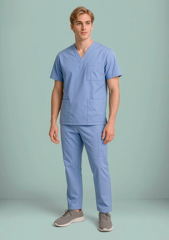 A model wearing light blue scrub cargo pants and a matching scrub top, featuring pockets and a logo.