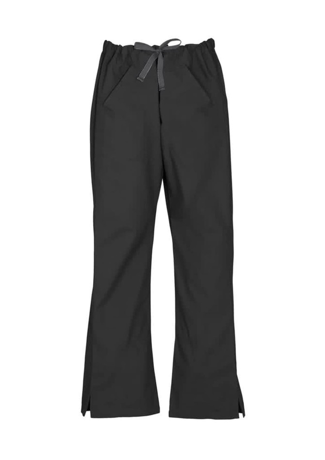 A pair of black bootleg scrub pants with an elastic waistband and side pockets. Features a logo on the waistband.