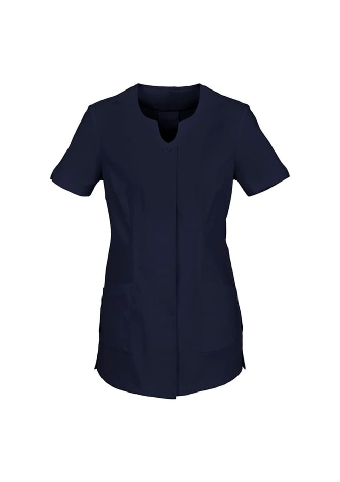 A navy blue women's tunic with short sleeves and side pockets, featuring a rounded neckline and a minimalist design.