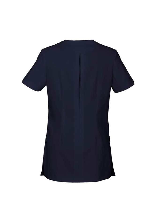 A navy women's tunic featuring short sleeves and a back vent, designed for uniforms. It has a subtle brand logo.