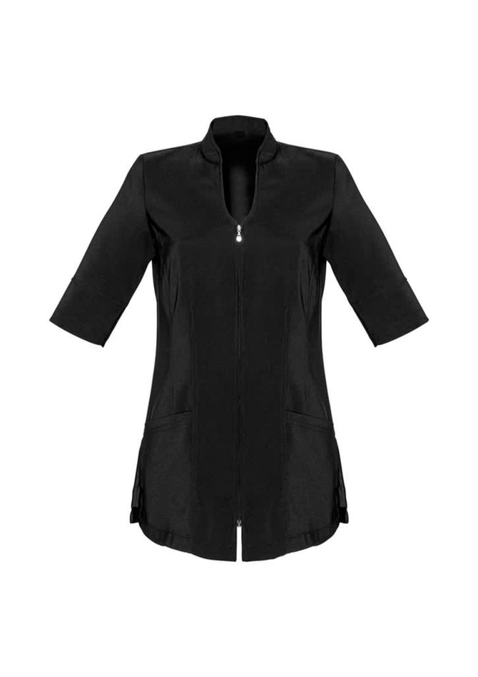 A black women's tunic with a zip front, short sleeves, and pockets, featuring a logo on the design.