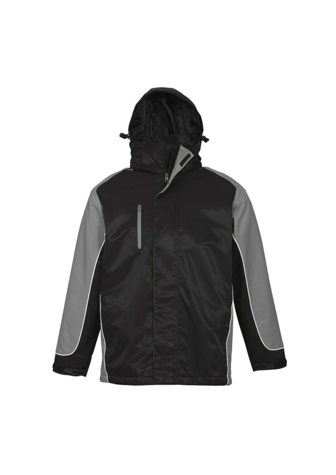 A unisex jacket in black with grey accents, featuring a hood and zippered pockets. It has a logo on it.