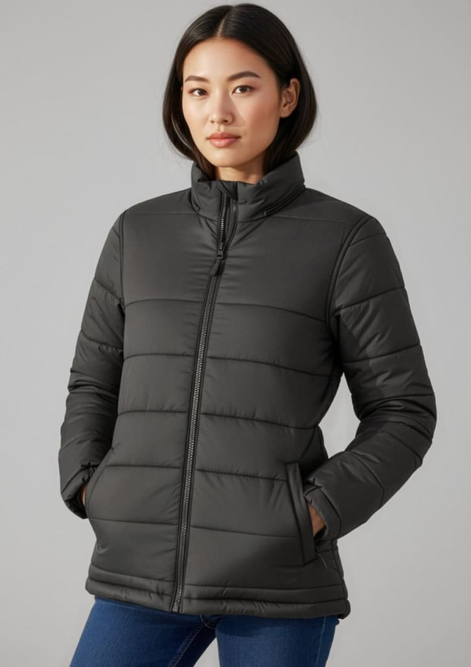 A women's puffer jacket in black with a high collar and side pockets, featuring a brand logo.