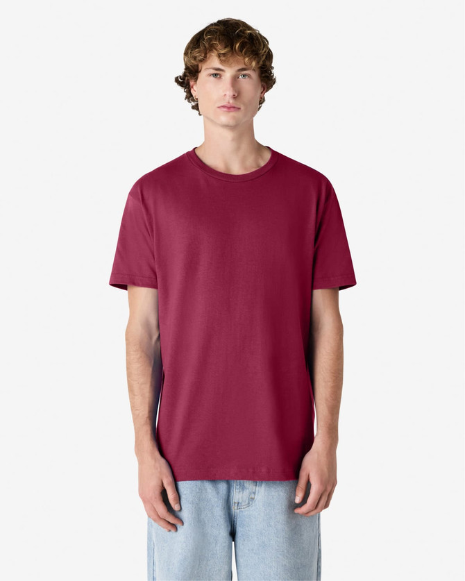 A maroon heavyweight cotton unisex T-shirt displayed on a male model, featuring a minimalistic design and a logo.