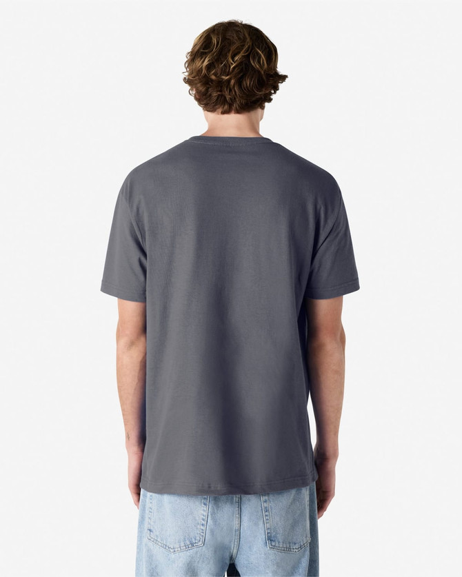 A heavyweight cotton unisex t-shirt in a grey hue, displayed from the back. The shirt has a logo.