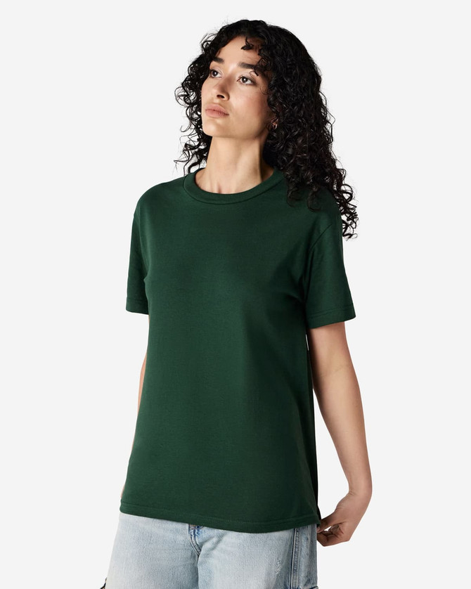 A heavyweight cotton unisex T-shirt in deep green, featuring a crew neck and short sleeves. The design includes a logo.