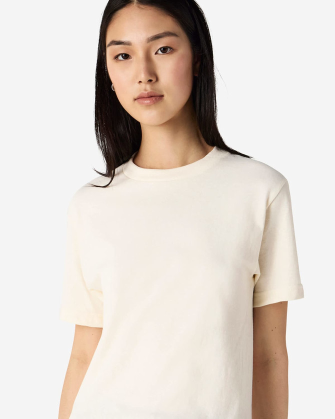 A heavyweight cotton unisex T-shirt in cream, featuring a simple design and a slight stretch fit.