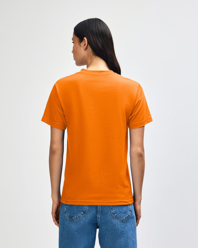 An orange heavyweight cotton unisex T-shirt displayed from the back, with a relaxed fit and short sleeves.