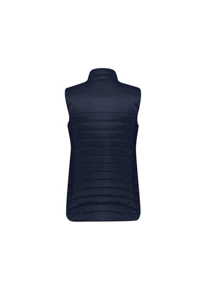 A navy women's expedition vest with a high collar and quilted design, featuring a logo on the back.