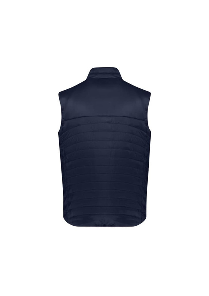 A navy men's expedition vest with a quilted design and a high collar, featuring no sleeves and a branding logo.