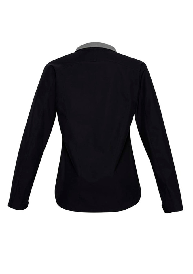 A soft shell jacket in black, featuring a collar and long sleeves, with a logo on the back.