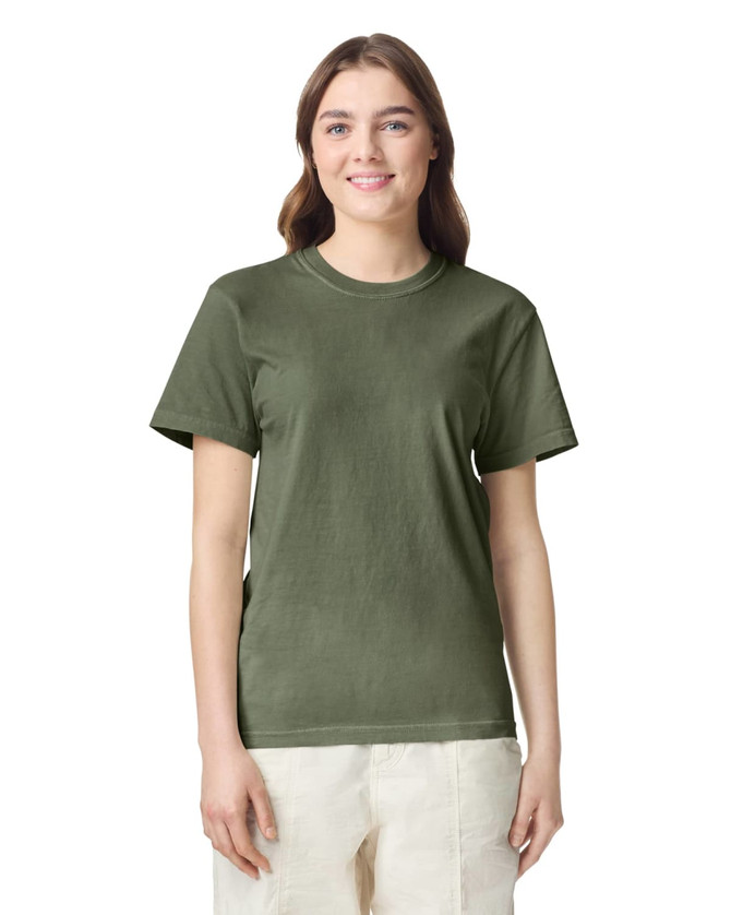 A heavyweight adult t-shirt in olive green, featuring a simple design and a logo.