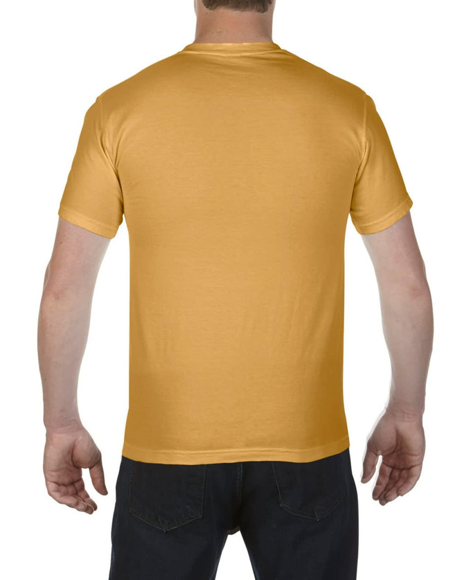A yellow heavyweight adult t-shirt viewed from the back, featuring a logo on the upper side.