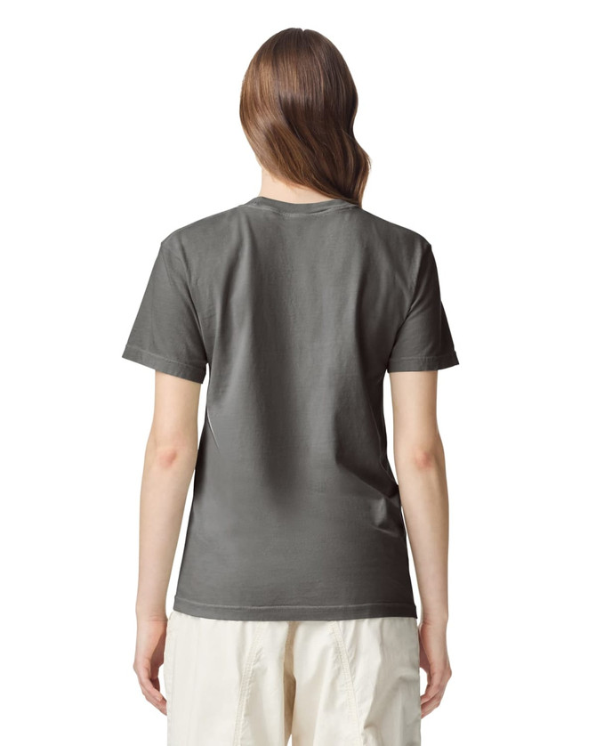 A grey heavyweight adult T-shirt viewed from the back, featuring a simple design and a logo.