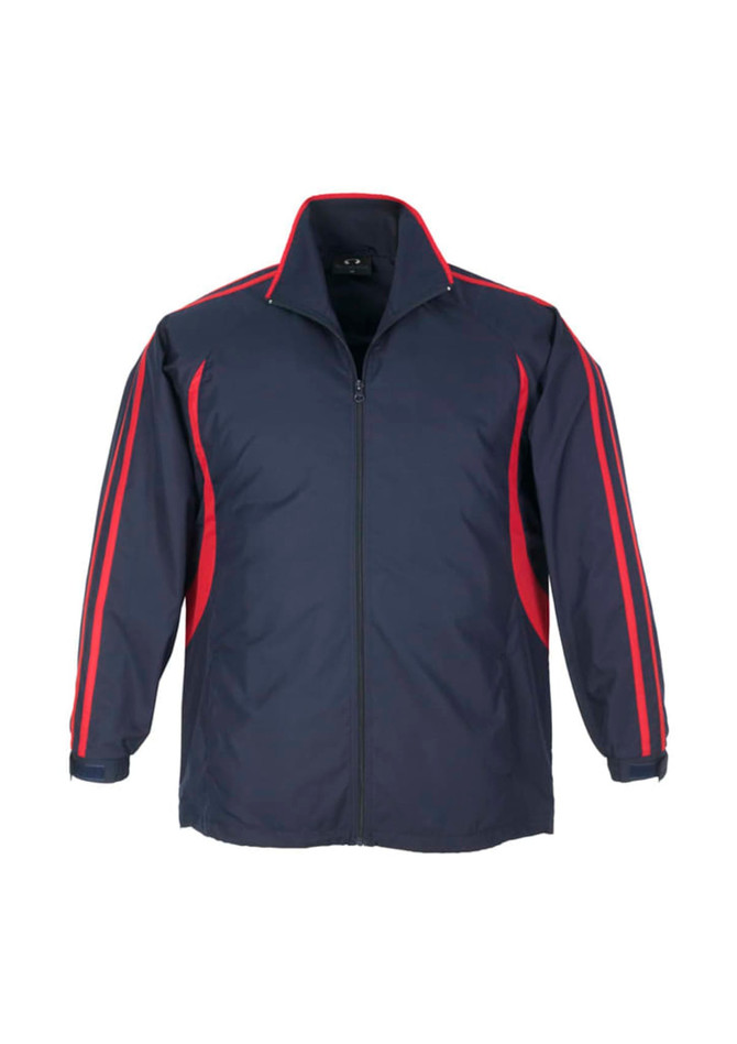 A navy blue and red track jacket with long sleeves, featuring a zip front and a logo.