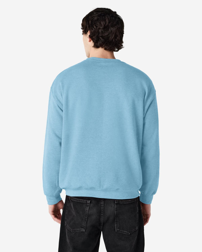 A light blue crewneck sweatshirt, featuring a plain back and long sleeves, worn by a person facing away.