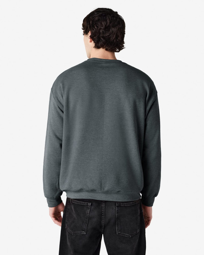 A grey Gildan Heavy Blend Adult Crewneck Sweatshirt viewed from the back, featuring a simple design and a logo.