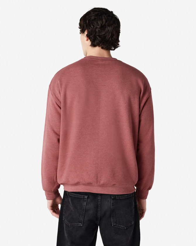 A maroon Gildan Heavy Blend adult crewneck sweatshirt, viewed from the back, featuring long sleeves and a simple design.