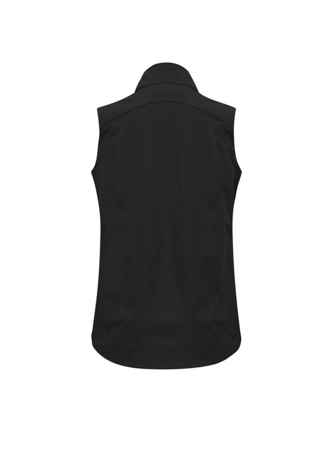 A black women's vest with a sleek design and a collar, featuring a logo on the back.