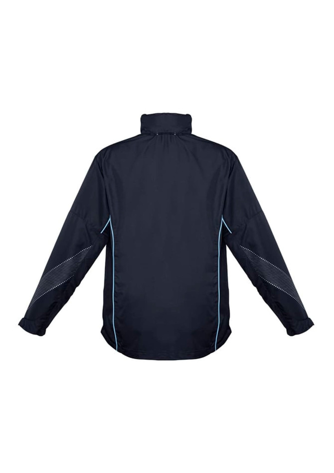 A unisex black jacket featuring light blue accents, designed with long sleeves and a high collar. It has a logo.