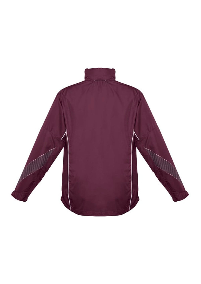 A maroon unisex jacket with a high collar, featuring white contrasting details and a logo.