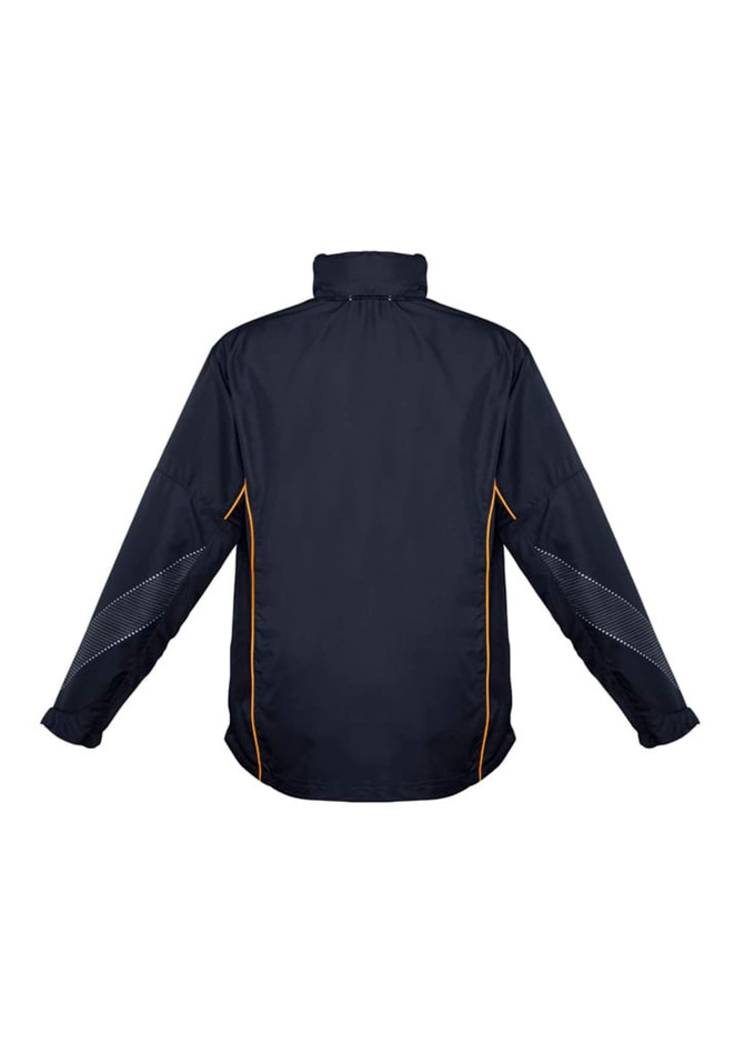 A unisex black jacket with yellow accents and reflective detailing, featuring a high collar and long sleeves.
