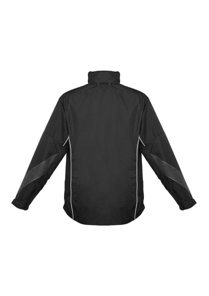 A black unisex jacket with long sleeves and reflective detailing, featuring a logo on the design.