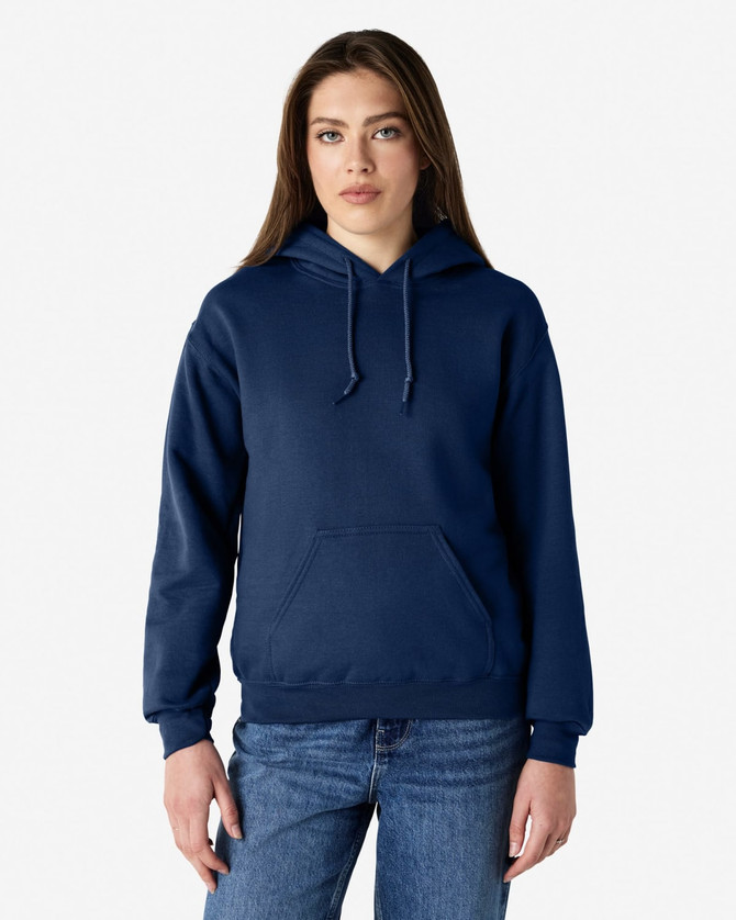 A navy blue adult hooded sweatshirt with a front pocket and drawstring hood, worn by a model.