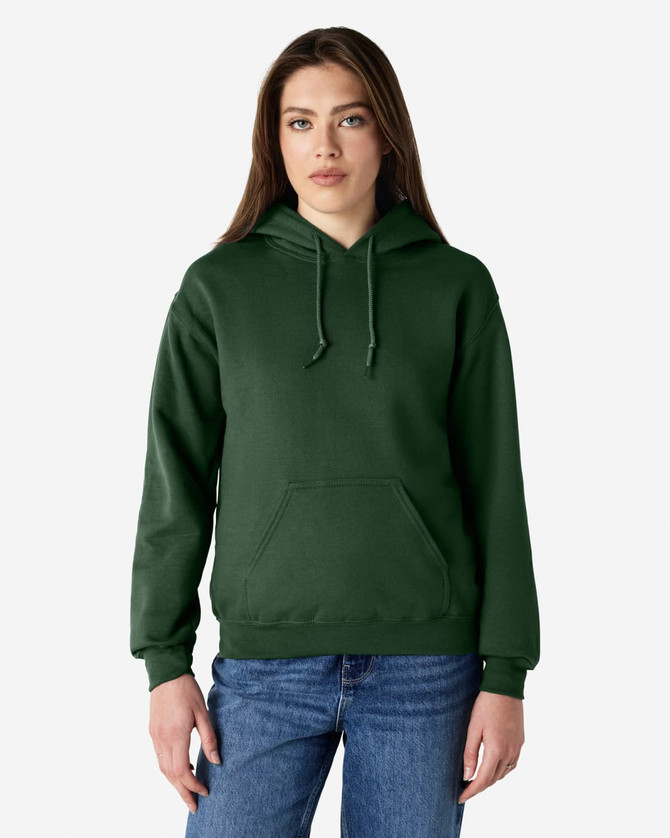 A green Gildan Heavy Blend adult hooded sweatshirt featuring a front pocket and a drawstring hood, worn by a model.