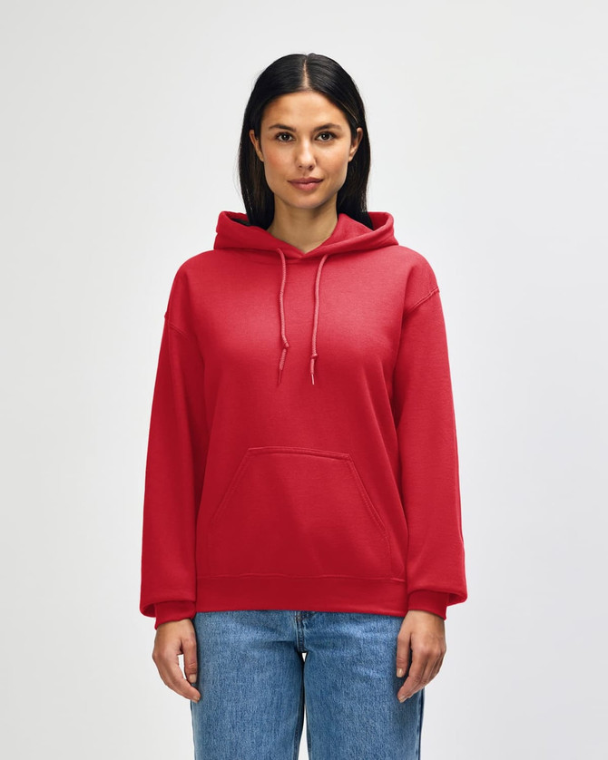 A red Gildan Heavy Blend adult hooded sweatshirt with a front pocket and drawstring hood, featuring a logo.