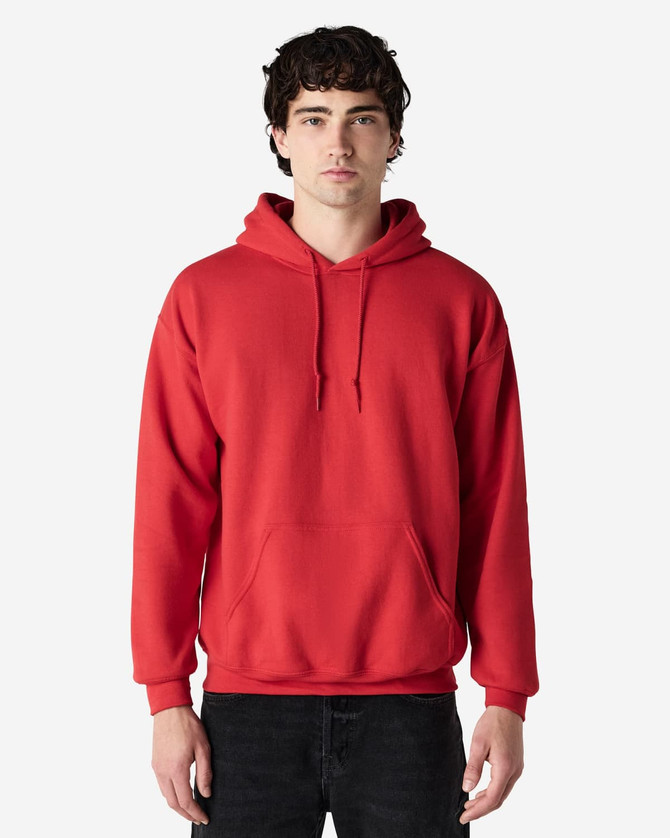 A red Gildan Heavy Blend adult hooded sweatshirt with a front pocket and drawstring hood, featuring a logo.