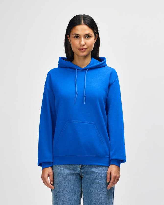 A blue hooded sweatshirt with a front pocket, featuring a logo, worn by a model against a plain background.