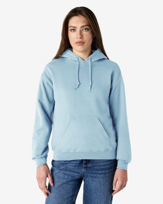 A light blue hooded sweatshirt with a front pocket and drawstring. It features a logo on the side.