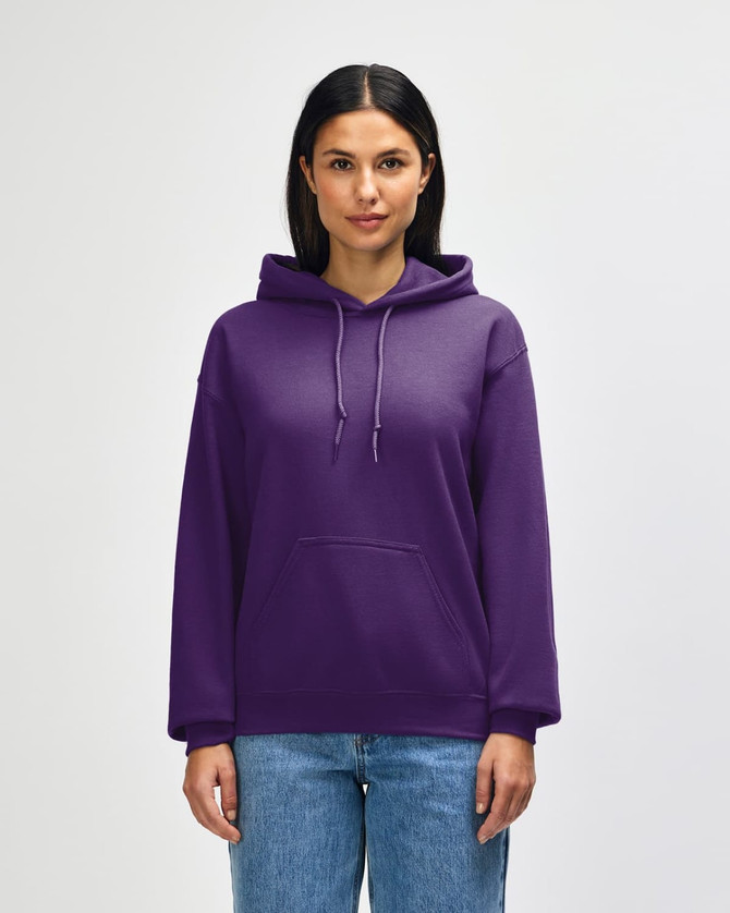 A purple Gildan Heavy Blend adult hooded sweatshirt with a front pocket and a logo on the sleeve.