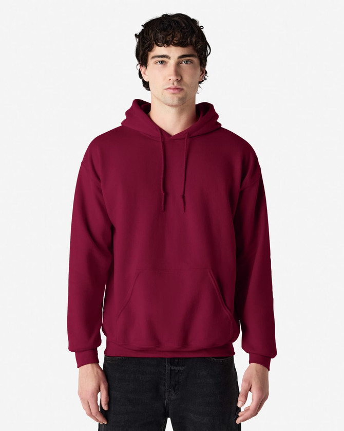 A burgundy Gildan Heavy Blend adult hooded sweatshirt with a kangaroo pocket and a hood.