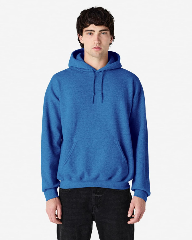A blue Gildan Heavy Blend adult hooded sweatshirt with a front pocket and drawstring hood, featuring a logo.