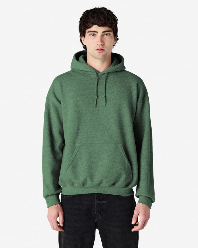 A green Gildan Heavy Blend hooded sweatshirt with a kangaroo pocket and drawstring hood, featuring a logo.