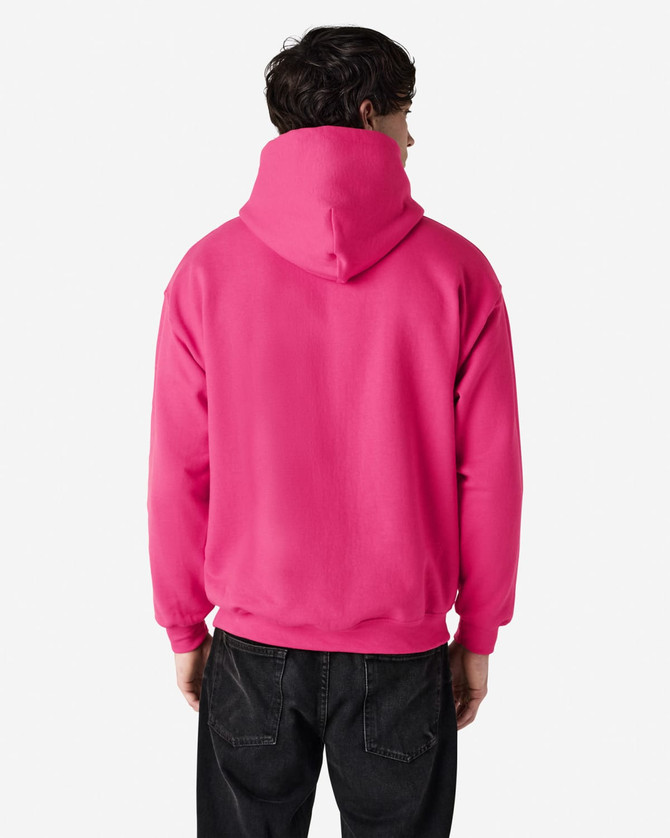 A pink hooded sweatshirt with a back view, featuring a hood and a simple design.