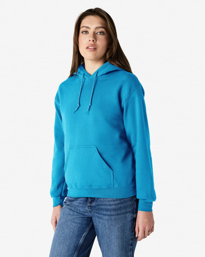 A turquoise hooded sweatshirt with a front pocket and an adjustable drawstring hood. Features a logo.