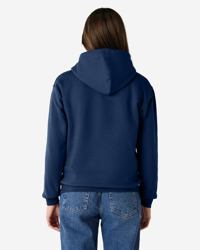 A navy blue hooded sweatshirt with a large hood, view from the back, featuring a logo on the upper back.