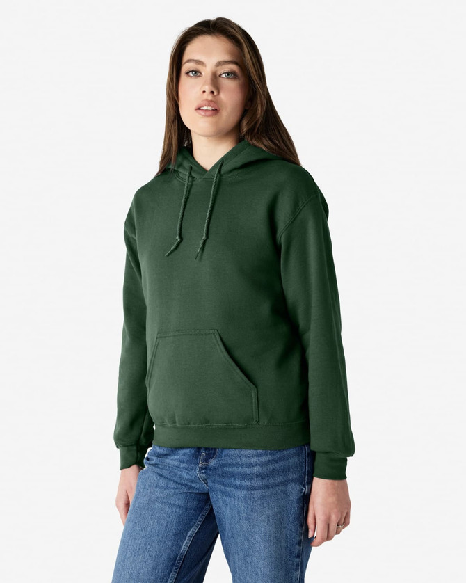 A green hooded sweatshirt stands on a model, featuring a front pocket and drawstring hood. It has branding on the garment.