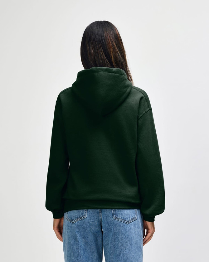 A green hooded sweatshirt with a back view, featuring a logo, paired with blue jeans.